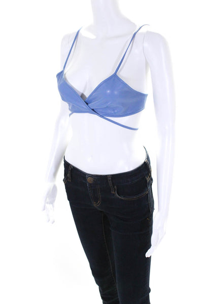 DROMe Womens Spaghetti Strap Wrap V Neck Leather Bra Crop Top Blue Size Medium