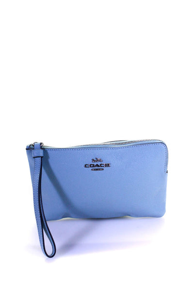 Coach Womens Leather Zip Across Silver Tone Wristlet Handbag Sky Blue