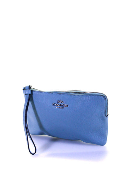 Coach Womens Leather Zip Across Silver Tone Wristlet Handbag Sky Blue