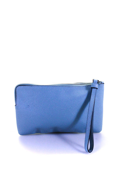 Coach Womens Leather Zip Across Silver Tone Wristlet Handbag Sky Blue