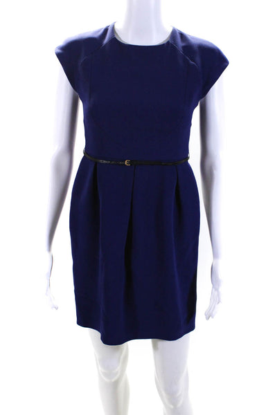 Miu Miu Womens Ultramarine Blue Crew Neck Belt Cap Sleeve Shift Dress Size 38