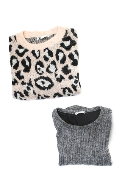 Zara Womens Crew Neck Chenille Leopard Print Sweater Size Large Lot 2