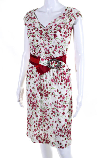 Dolce & Gabbana Womens Pleated Floral Chiffon Sheath Dress Red White Size IT 40