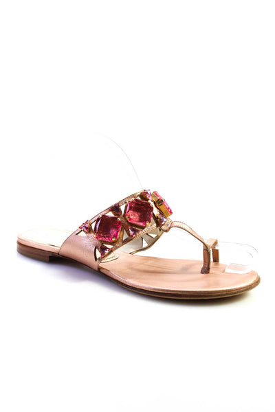 Casadei Womens Embellished Metallic Leather Flat Thong Sandals Pink Size 7