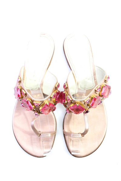 Casadei Womens Embellished Metallic Leather Flat Thong Sandals Pink Size 7