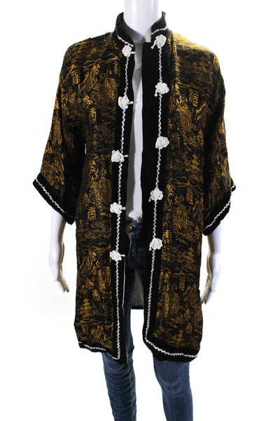 Joli Womens Vintage Velvet Trim Jacquard Kimono Robe Black Gold One Size