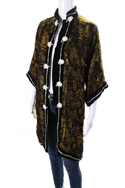 Joli Womens Vintage Velvet Trim Jacquard Kimono Robe Black Gold One Size