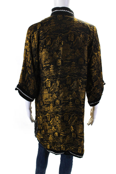 Joli Womens Vintage Velvet Trim Jacquard Kimono Robe Black Gold One Size