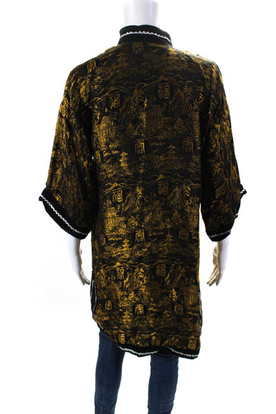 Joli Womens Vintage Velvet Trim Jacquard Kimono Robe Black Gold One Size