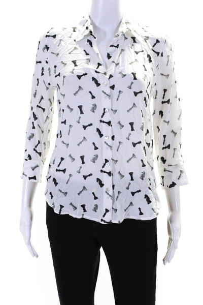 L'Agence Womens Graphic Print Buttoned Collared Long Sleeve Top White Size XS