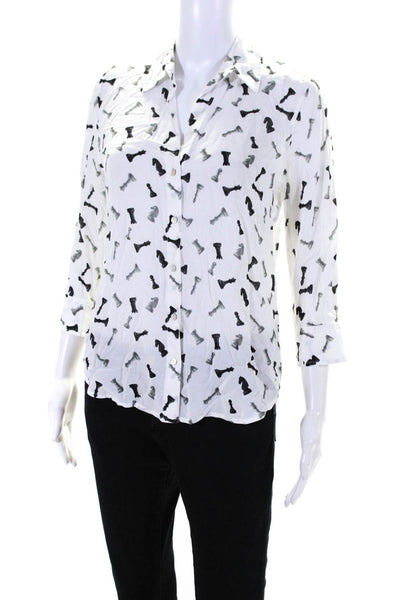 L'Agence Womens Graphic Print Buttoned Collared Long Sleeve Top White Size XS