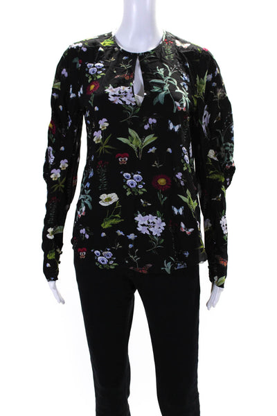 Joie Womens Floral Print Collared Buttoned Long Sleeve Blouse Top Black Size XS