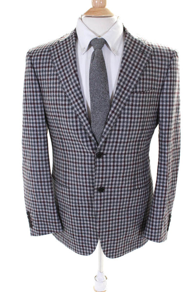 Canali Mens Check Print Two Button Blazer Jacket Gray Burgundy Size IT 48