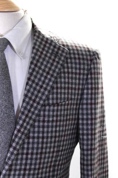 Canali Mens Check Print Two Button Blazer Jacket Gray Burgundy Size IT 48