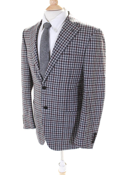 Canali Mens Check Print Two Button Blazer Jacket Gray Burgundy Size IT 48