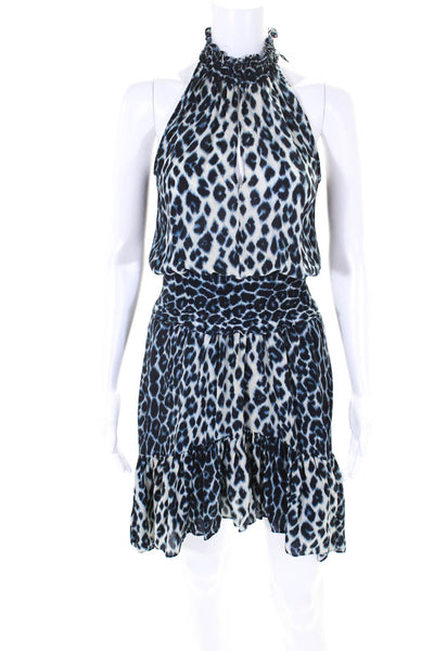 ALC Womens Sleeveless V Neck Smocked Waistband Leopard Silk Dress White Blue 2