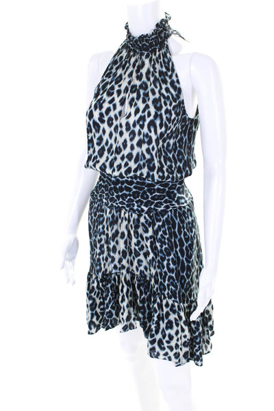 ALC Womens Sleeveless V Neck Smocked Waistband Leopard Silk Dress White Blue 2