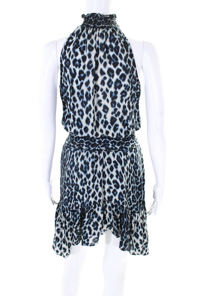 ALC Womens Sleeveless V Neck Smocked Waistband Leopard Silk Dress White Blue 2