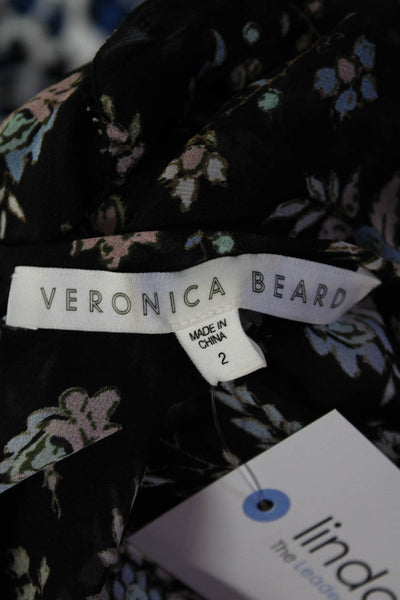 Veronica Beard Womens Back Zip 3/4 Sleeve Crew Neck Silk Floral Top Black Size 2