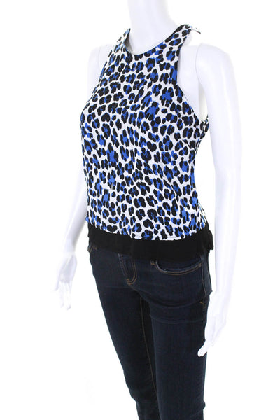 Karina Grimaldi Womens Sleeveless Crew Neck Leopard Top White Blue Size XS