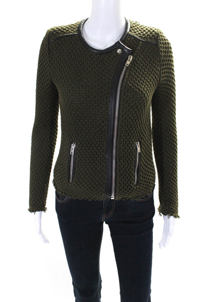 IRO Womens Long Sleeve Front Zip Knit Leather Trim Jacket Green Cotton Size 1