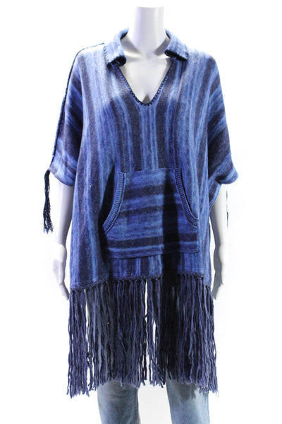 Raquel Allegra Womens Wool Knit Striped Front Pocket Pullover Poncho Blue Size 0