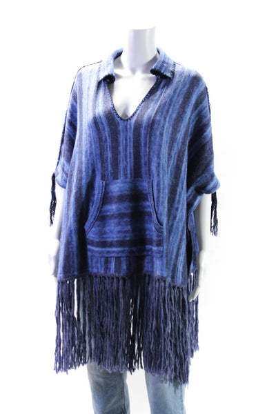 Raquel Allegra Womens Wool Knit Striped Front Pocket Pullover Poncho Blue Size 0
