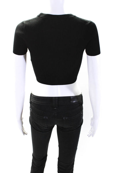 Intermix Womens Rib Knit Short Sleeve Crop Top Tee Shirt Sweater Black Petite