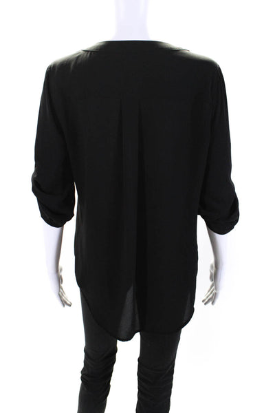 BCBG Max Azria Womens Pleated Buttoned V-Neck 3/4 Sleeve Blouse Black Size S