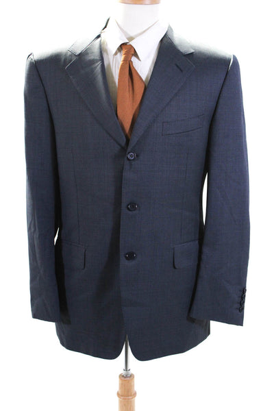 Canali Mens Micro Check Print Three Button Blazer Jacket Navy Blue Size IT 50