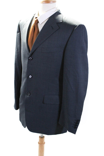 Canali Mens Micro Check Print Three Button Blazer Jacket Navy Blue Size IT 50