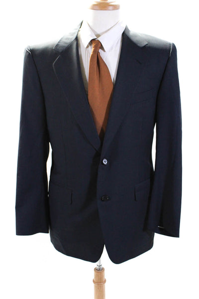 Canali Mens Micro Check Print Two Button Blazer Jacket Navy Blue Wool Size IT 50