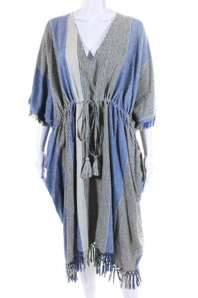 Apiece Apart Womens Woven Stripe Fringe Midi Dress Beige Blue One Size
