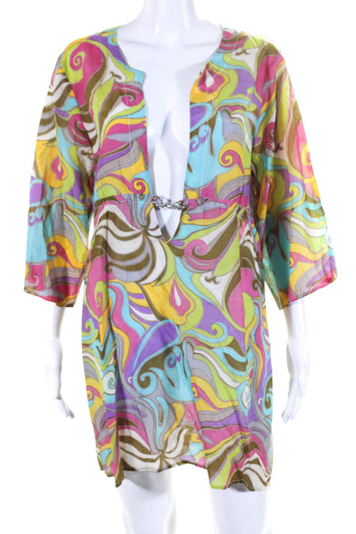 Trina Turk Womens Abstract Plunge Neck Mini Cover Up Dress Multicolor Medium