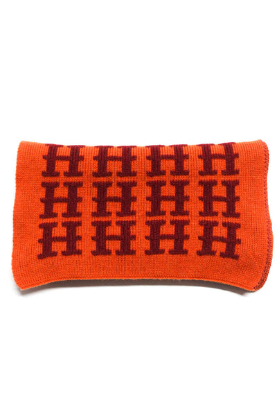 Hermes Womens Cashmere Knit H Logo Scarf Orange Red