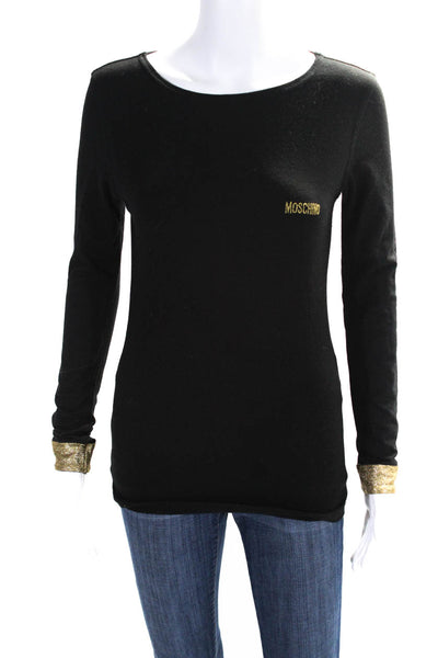 Moschino Jeans Womens Long Sleeve Metallic Trim Logo Tee Shirt Black Size 8