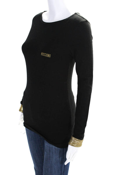 Moschino Jeans Womens Long Sleeve Metallic Trim Logo Tee Shirt Black Size 8