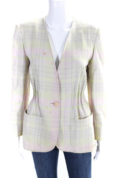 Emanuel Ungaro Parallele Womens Single Button Plaid Jacket Green Pink Size 4