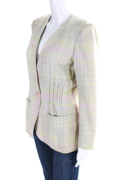 Emanuel Ungaro Parallele Womens Single Button Plaid Jacket Green Pink Size 4