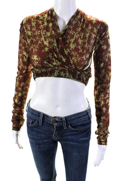 KNWLS Womens Floral Mesh Long Sleeve Surplice Crop Top Brown Green Size Large