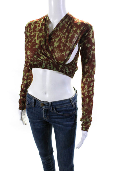 KNWLS Womens Floral Mesh Long Sleeve Surplice Crop Top Brown Green Size Large