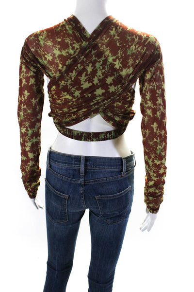 KNWLS Womens Floral Mesh Long Sleeve Surplice Crop Top Brown Green Size Large