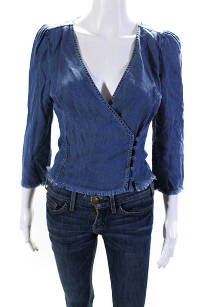 Intermix Womens Denim Long Sleeves Button Down V Neck Wrap Blouse Blue Size 2