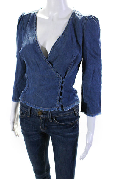 Intermix Womens Denim Long Sleeves Button Down V Neck Wrap Blouse Blue Size 2