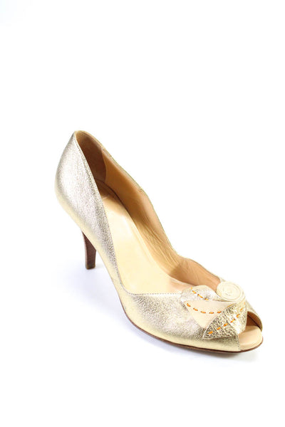 Jour Womens Leather Leaf Applique Peep Toe Pumps Gold Size 38 8