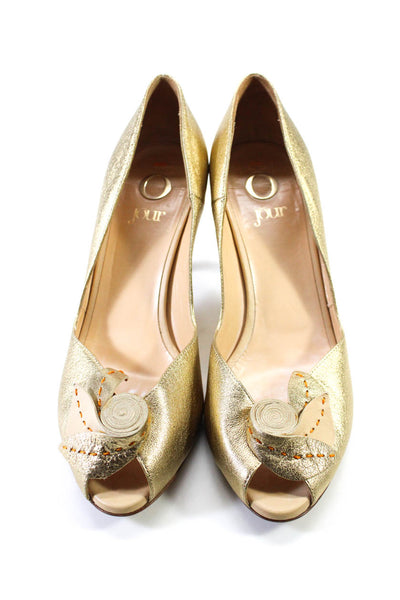 Jour Womens Leather Leaf Applique Peep Toe Pumps Gold Size 38 8