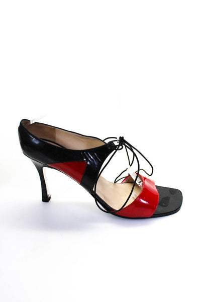 Chanel Womens Patent Leather Lace Up Sandal Heels Navy Blue Red Size 40 10