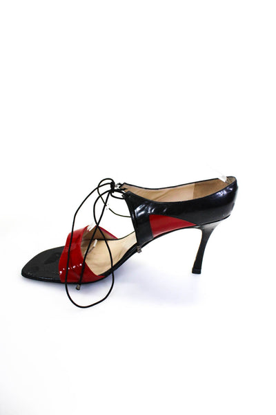 Chanel Womens Patent Leather Lace Up Sandal Heels Navy Blue Red Size 40 10