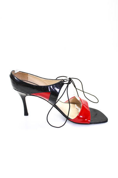 Chanel Womens Patent Leather Lace Up Sandal Heels Navy Blue Red Size 40 10