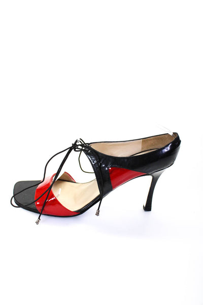 Chanel Womens Patent Leather Lace Up Sandal Heels Navy Blue Red Size 40 10